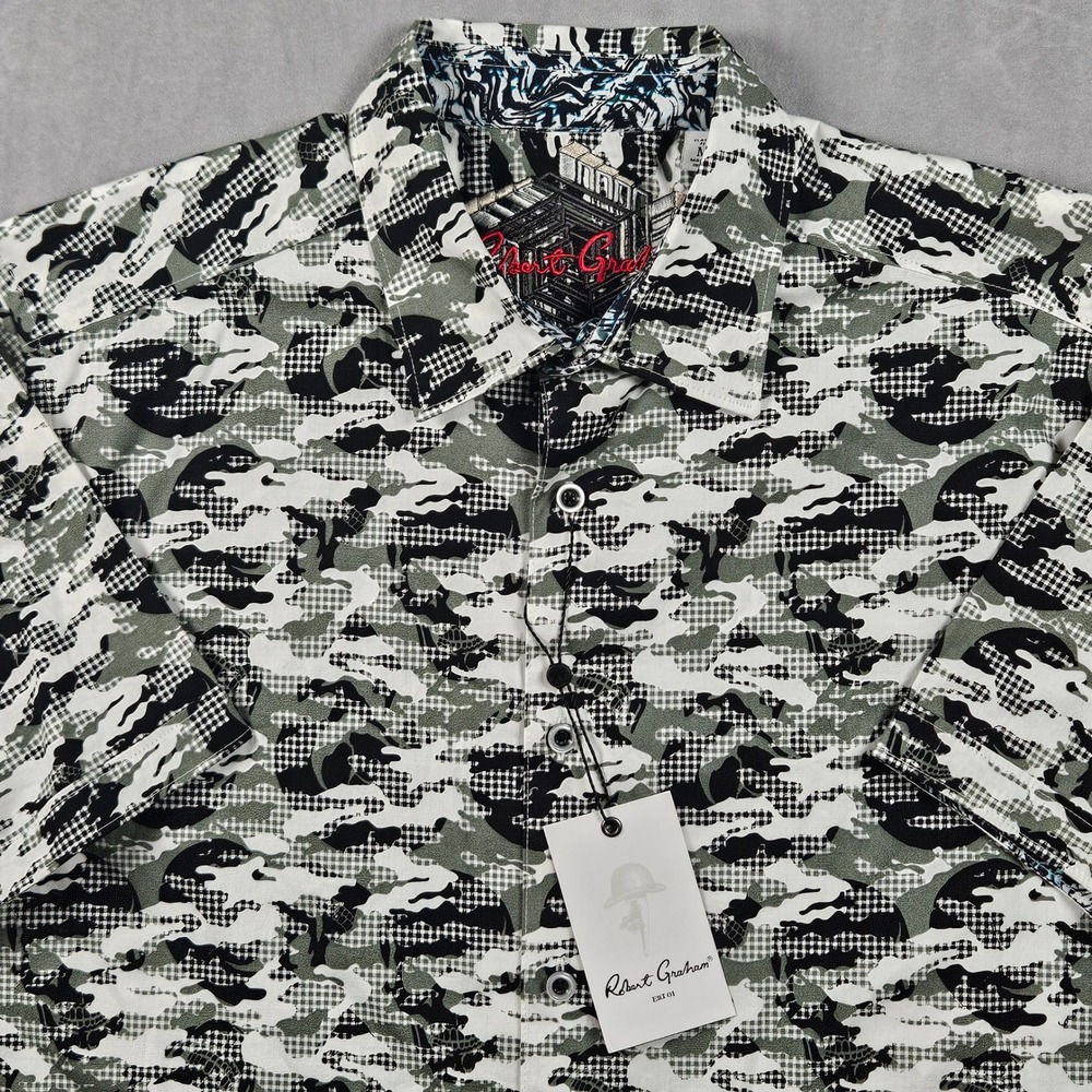 NEW Robert Graham Button Up Shirt Mens Medium Black Digital Camo Edmonds Classic